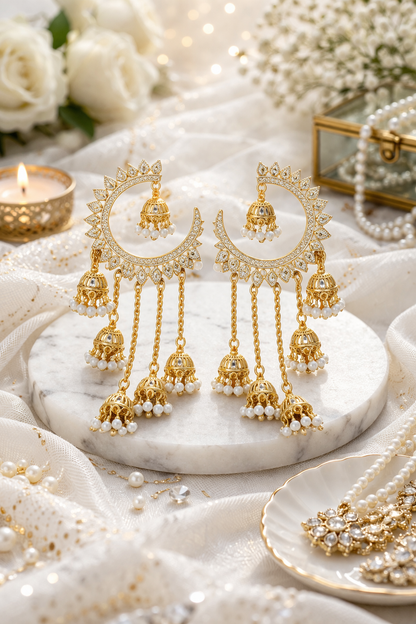Gold-Tone Chandbali Earrings with White Pearl Beads & Jhumka Drops