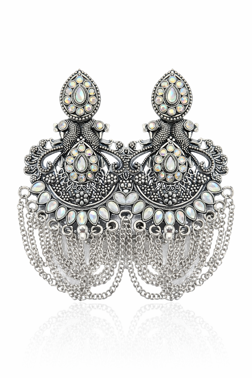 Oxidised Peacock Chandbali Earrings for Women Stone Chain Party Wear