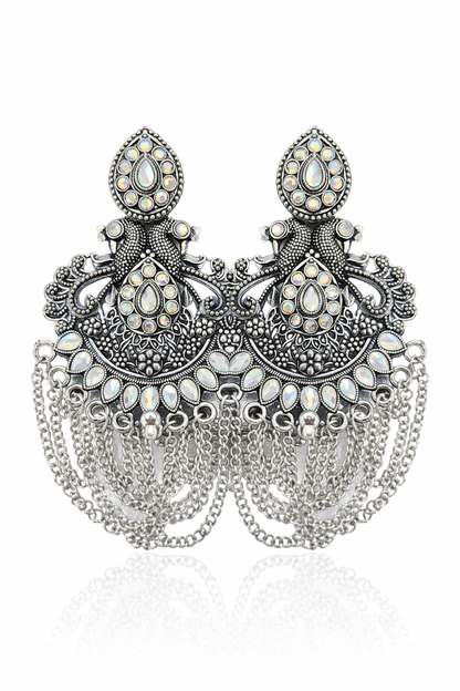 Oxidised Peacock Chandbali Earrings for Women Stone Chain Party Wear