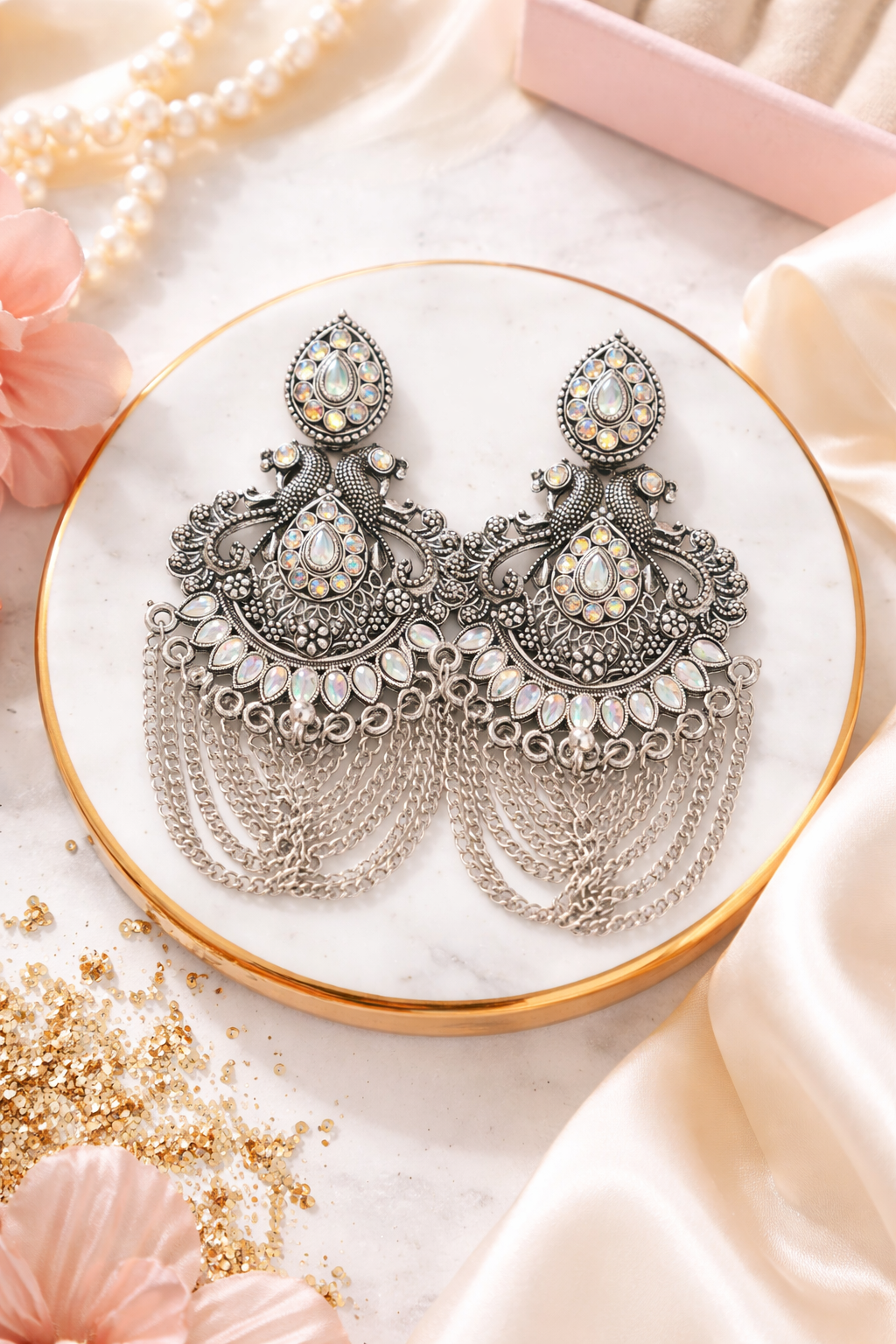 Oxidised Peacock Chandbali Earrings for Women Stone Chain Party Wear