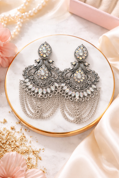 Oxidised Peacock Chandbali Earrings for Women Stone Chain Party Wear