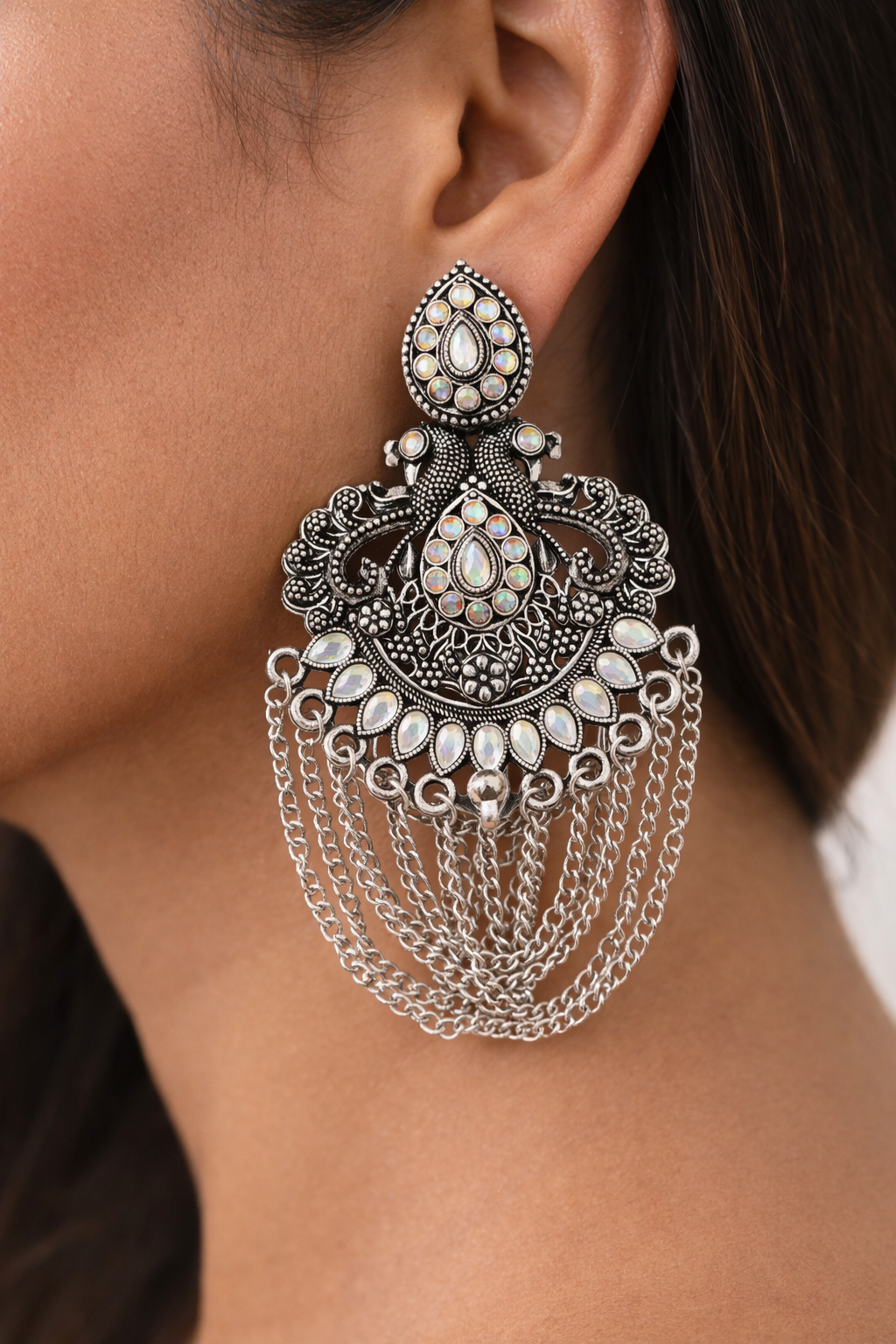 Oxidised Peacock Chandbali Earrings for Women Stone Chain Party Wear
