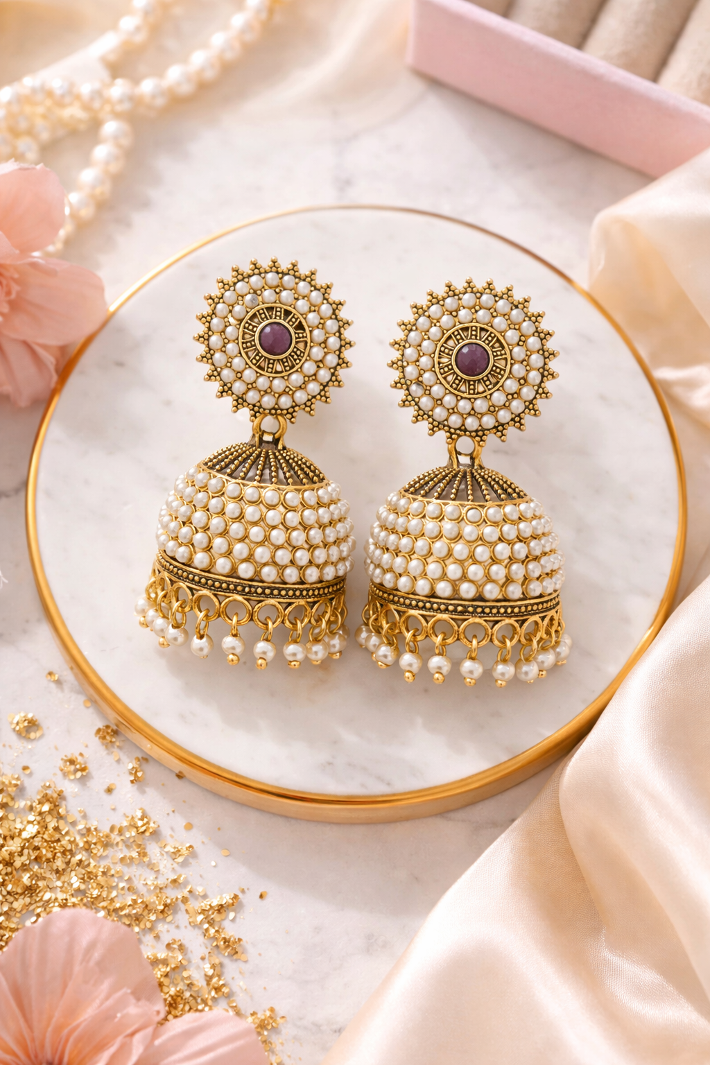 Gold Pearl Jhumka Earrings for Women Kundan Style Party Wear Bridal