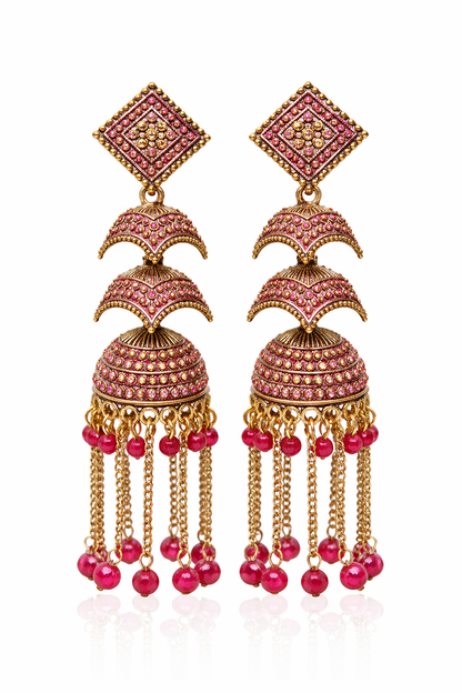 Pink Stone Heavy Jhumka Earrings for Women Party Wear Bridal