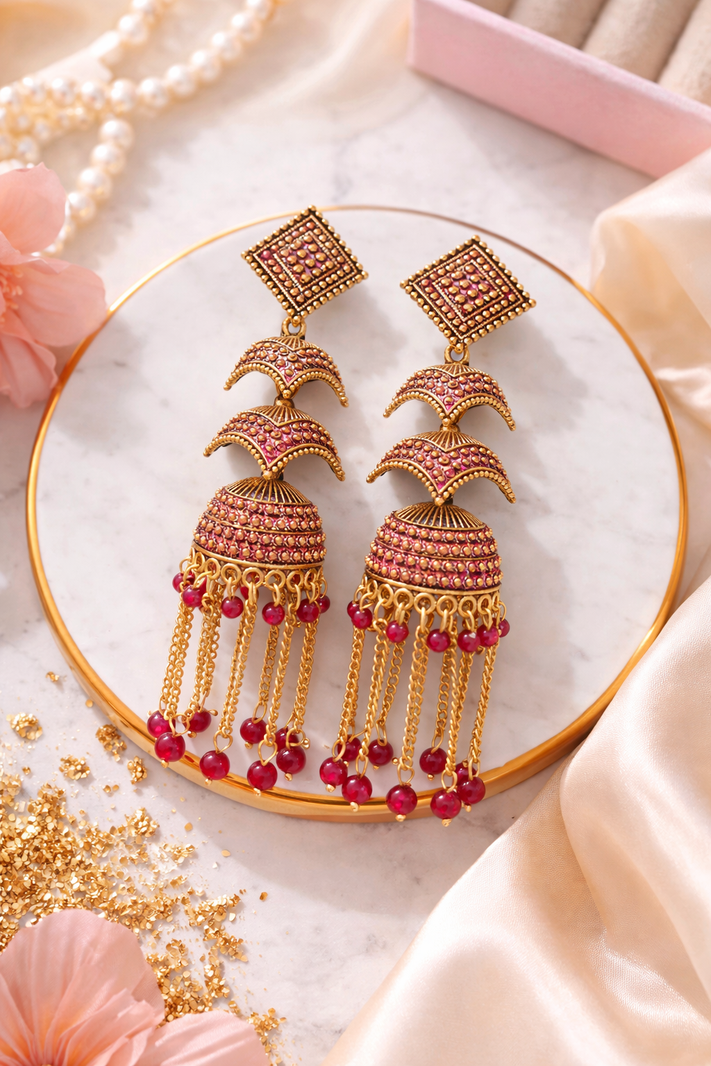 Pink Stone Heavy Jhumka Earrings for Women Party Wear Bridal