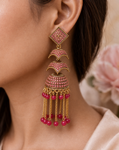 Pink Stone Heavy Jhumka Earrings for Women Party Wear Bridal