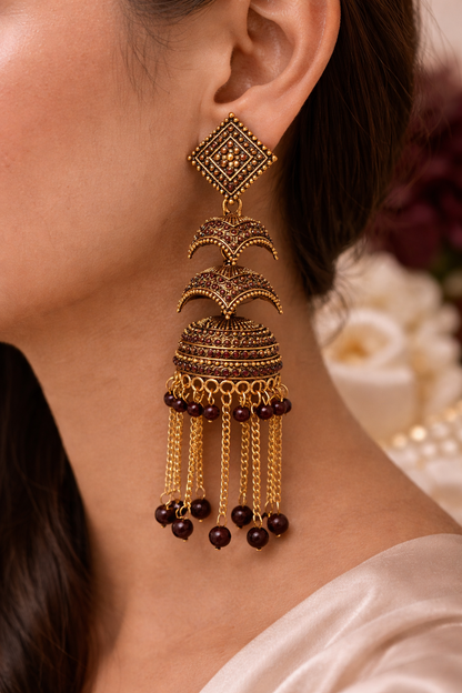 Stone Heavy Jhumka Earrings for Women Party Wear Bridal Chain