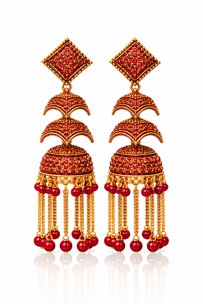 Red Stone Heavy Jhumka Earrings for Women Party Wear Bridal Chain