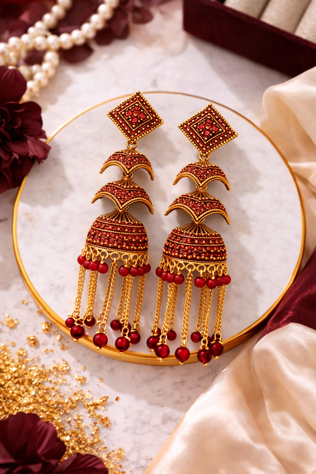 Red Stone Heavy Jhumka Earrings for Women Party Wear Bridal Chain