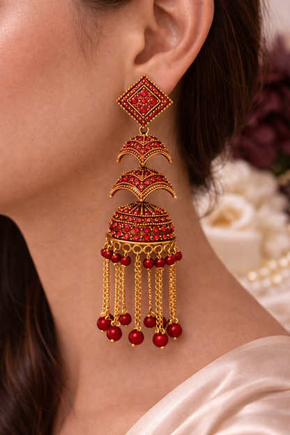 Red Stone Heavy Jhumka Earrings for Women Party Wear Bridal Chain