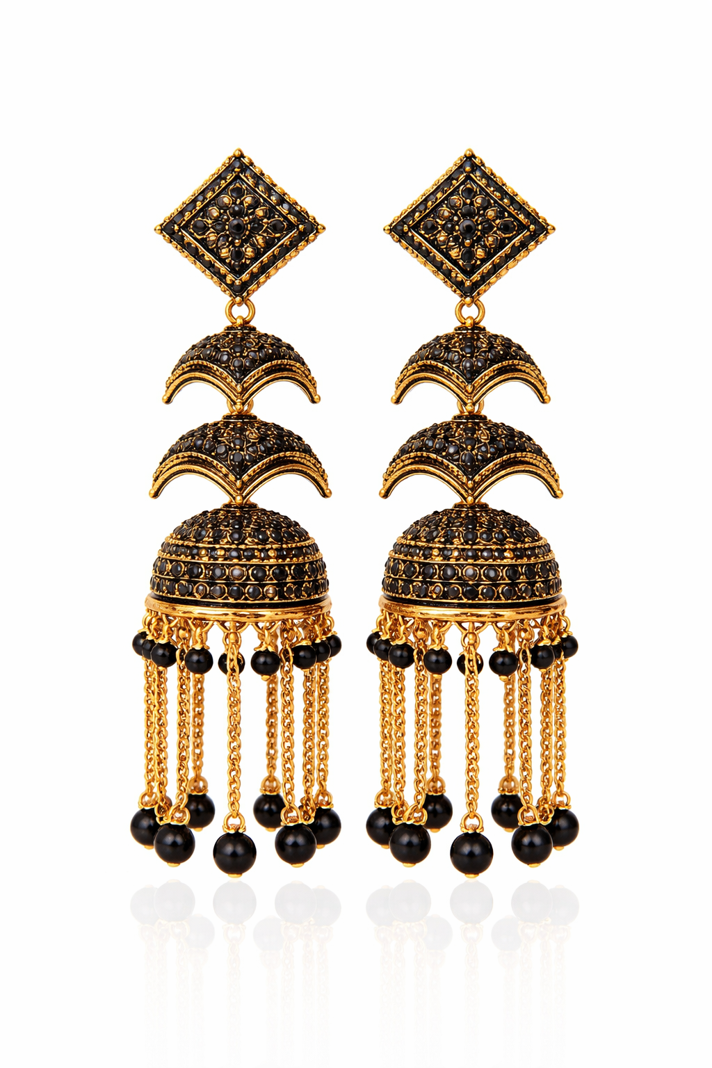 Black Stone Heavy Jhumka Earrings for Women Party Wear Bridal Chain