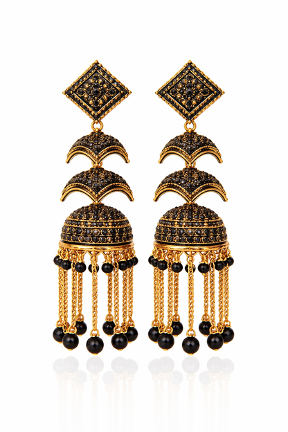Black Stone Heavy Jhumka Earrings for Women Party Wear Bridal Chain