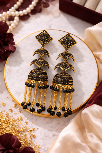 Black Stone Heavy Jhumka Earrings for Women Party Wear Bridal Chain