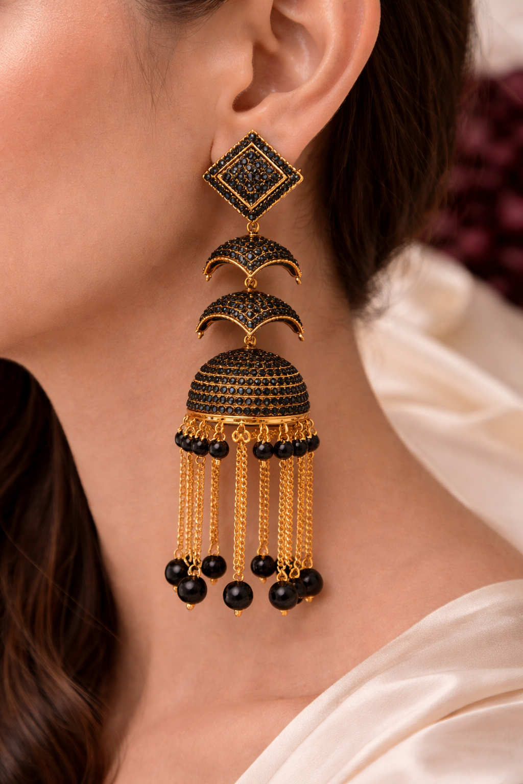 Black Stone Heavy Jhumka Earrings for Women Party Wear Bridal Chain