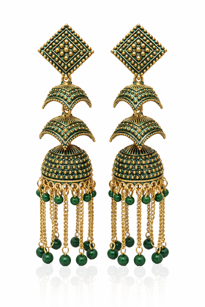 Green Layered Jhumka Earrings with Chain Drops for Women