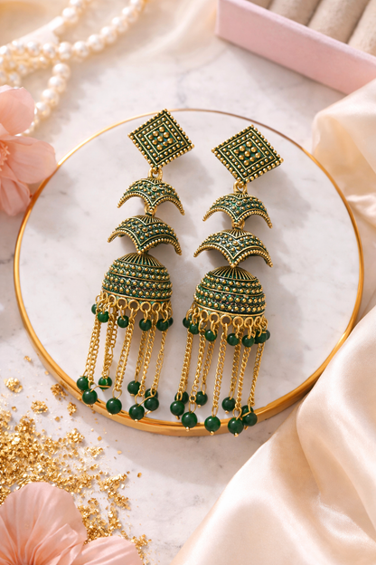 Green Layered Jhumka Earrings with Chain Drops for Women