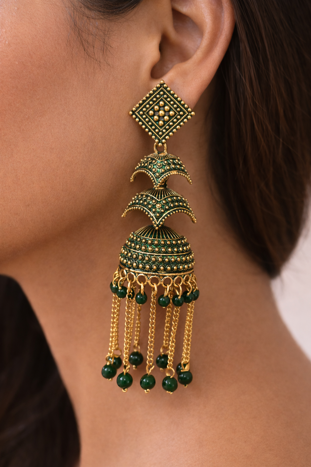 Green Layered Jhumka Earrings with Chain Drops for Women