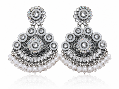 White Pearl Oxidised Chandbali Earrings for Women Party Wear Statement