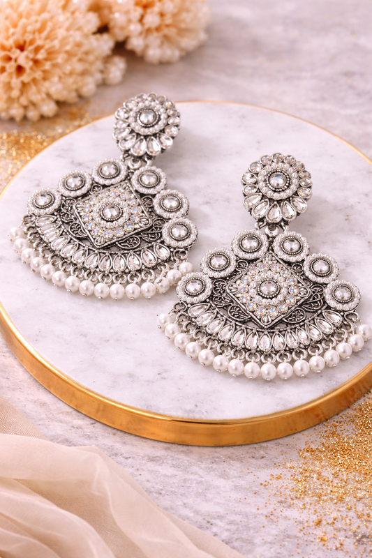 White Pearl Oxidised Chandbali Earrings for Women Party Wear Statement