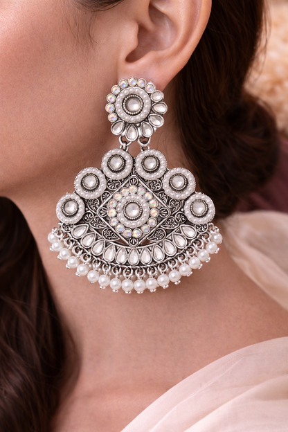 White Pearl Oxidised Chandbali Earrings for Women Party Wear Statement