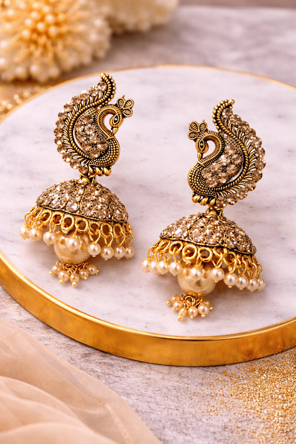 Gold Peacock Pearl Jhumka Earrings for Women Party Wear Ethnic