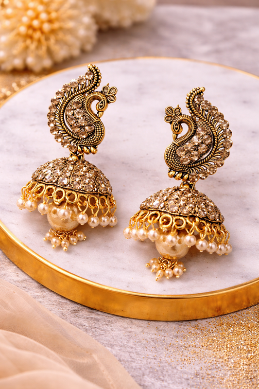 Gold Peacock Pearl Jhumka Earrings for Women Party Wear Ethnic