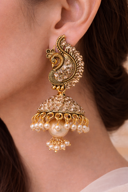 Gold Peacock Pearl Jhumka Earrings for Women Party Wear Ethnic