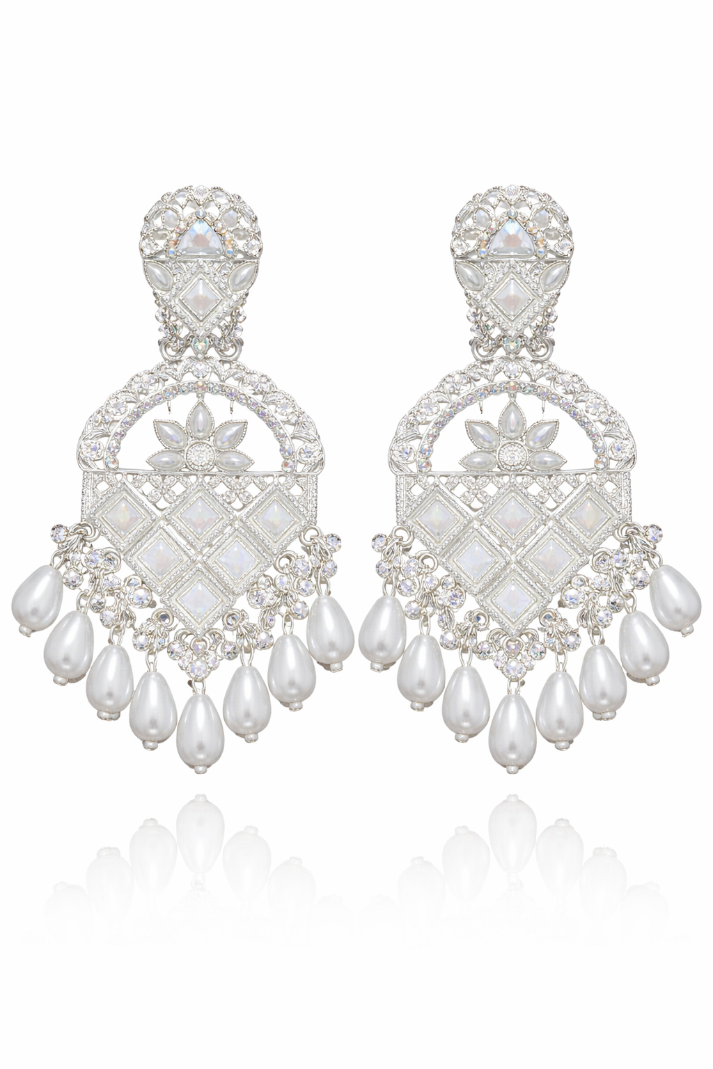White Stone Pearl Chandbali Earrings for Women Bridal Party Wear Statement