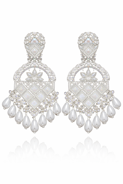 White Stone Pearl Chandbali Earrings for Women Bridal Party Wear Statement