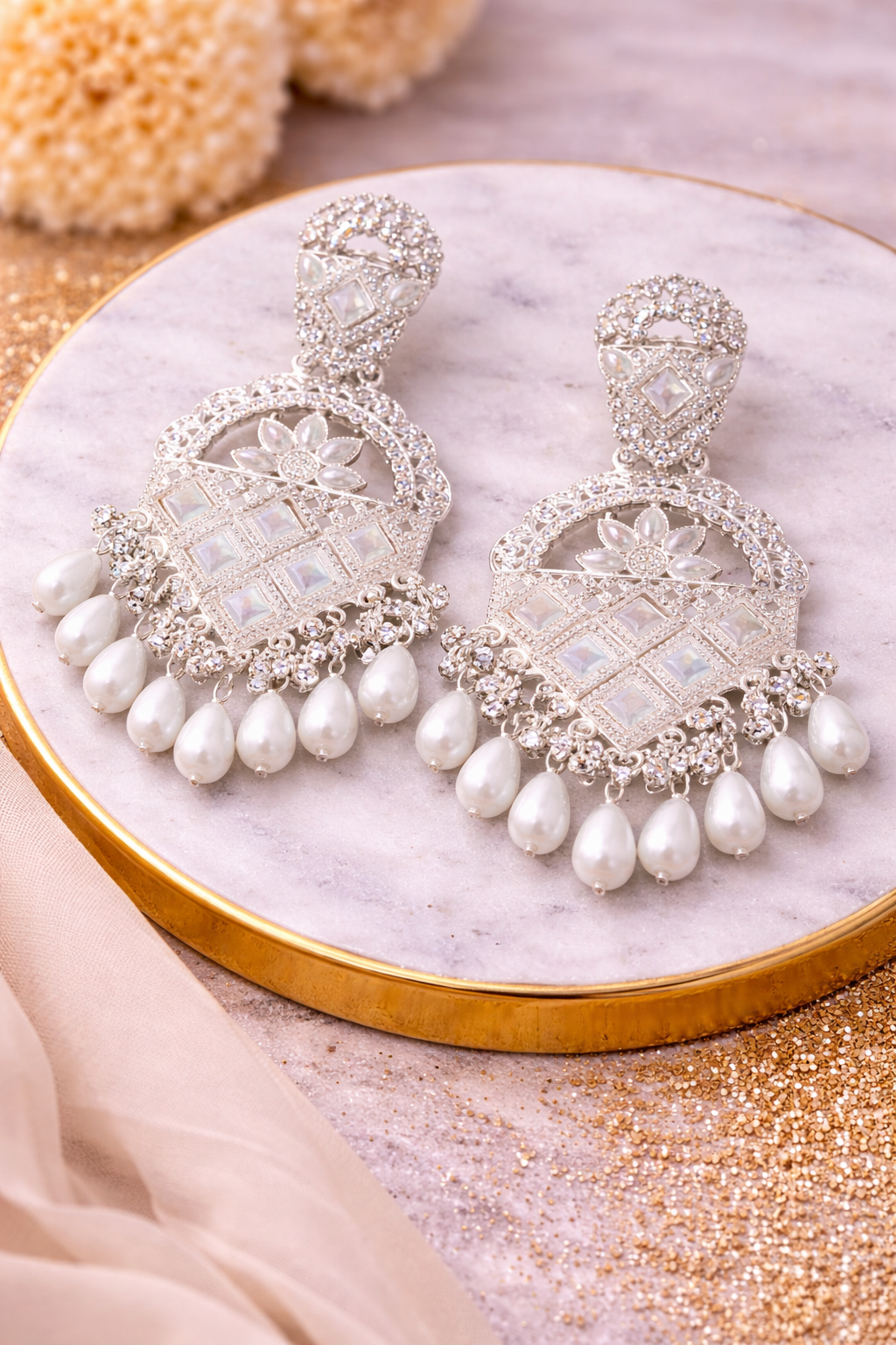 White Stone Pearl Chandbali Earrings for Women Bridal Party Wear Statement