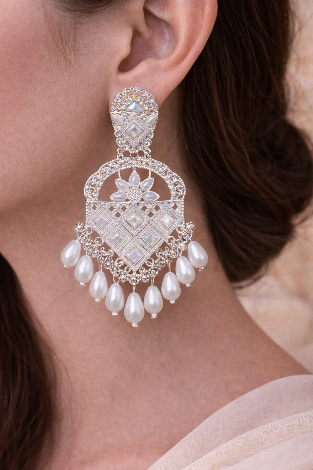 White Stone Pearl Chandbali Earrings for Women Bridal Party Wear Statement