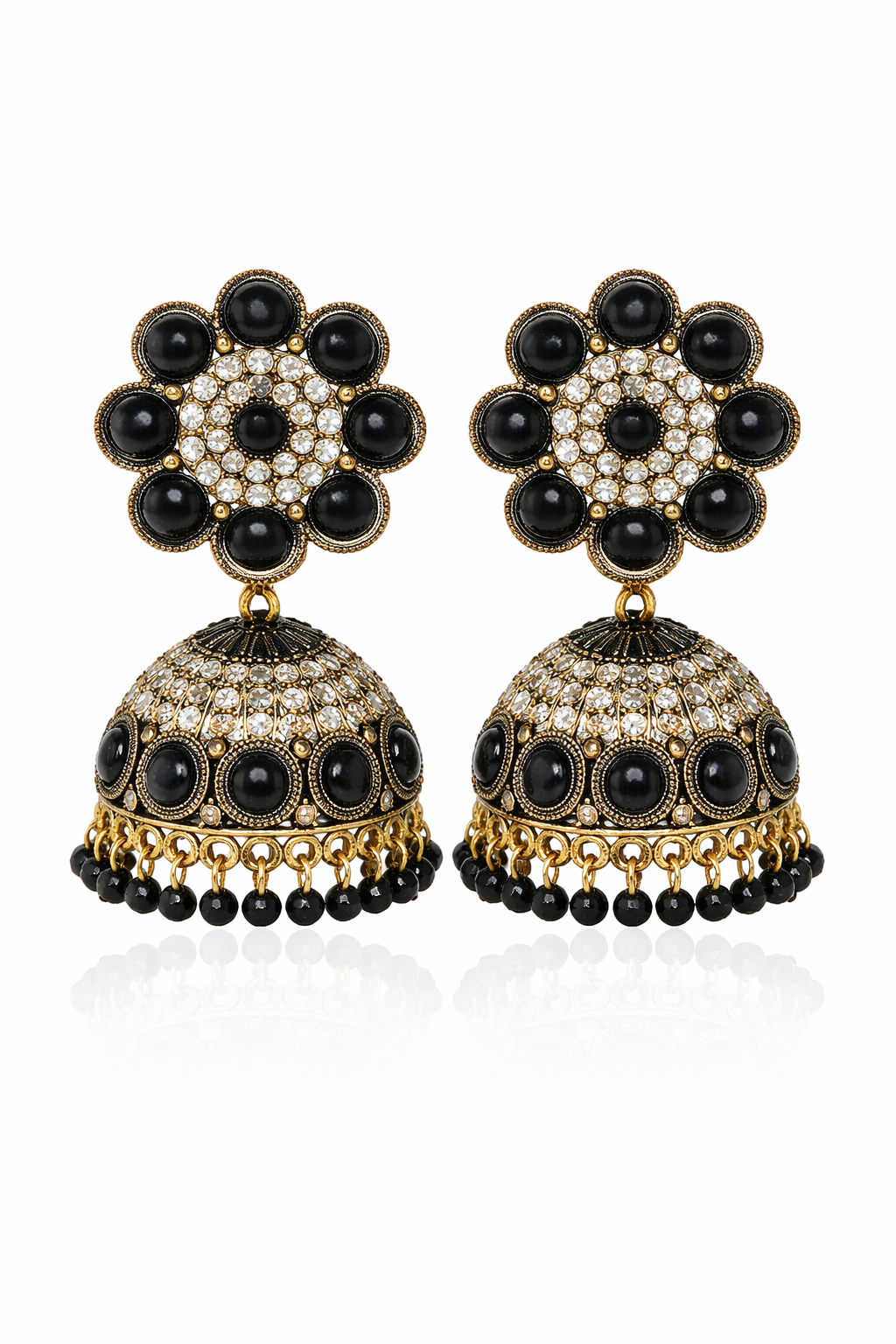 Black Stone Jhumka Earrings for Women Floral Design Statement Earrings