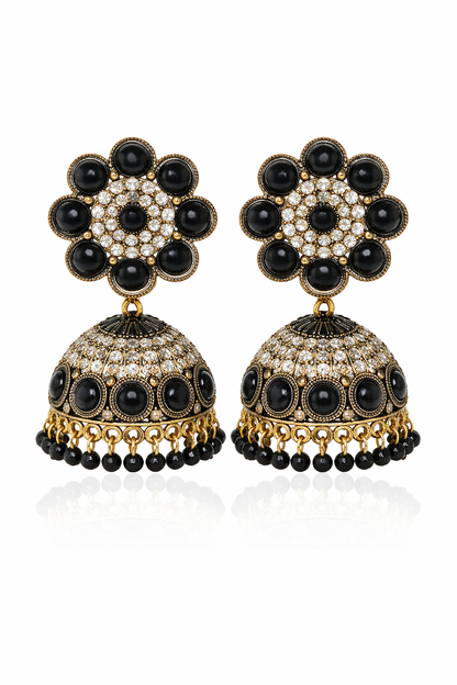 Black Stone Jhumka Earrings for Women Floral Design Statement Earrings