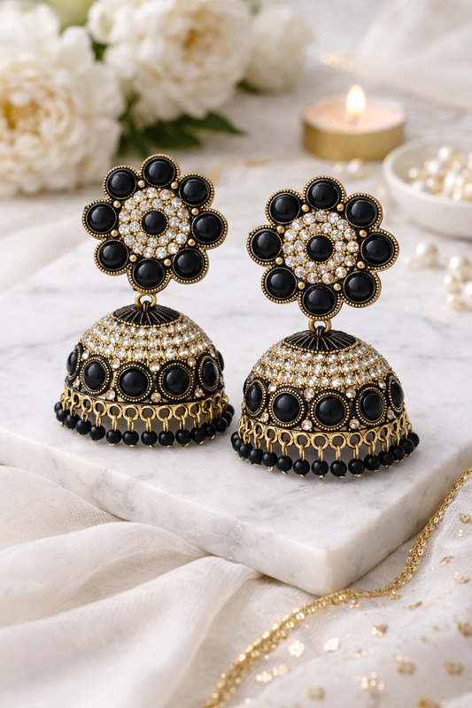 Black Stone Jhumka Earrings for Women Floral Design Statement Earrings