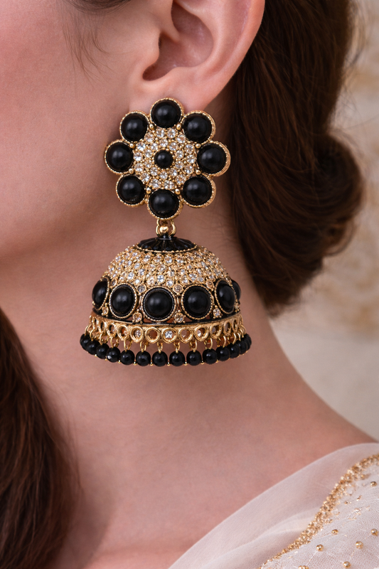 Black Stone Jhumka Earrings for Women Floral Design Statement Earrings