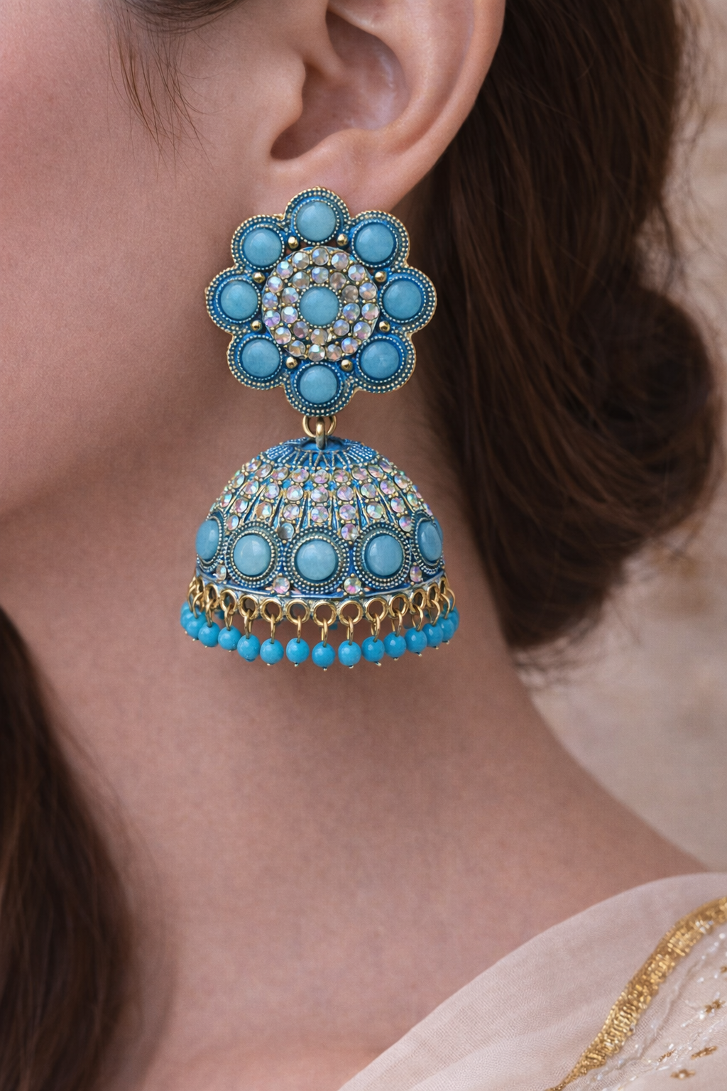Blue Stone Heavy Jhumka Earrings for Women Party Wear Ethnic Statement