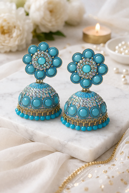 Blue Stone Heavy Jhumka Earrings for Women Party Wear Ethnic Statement