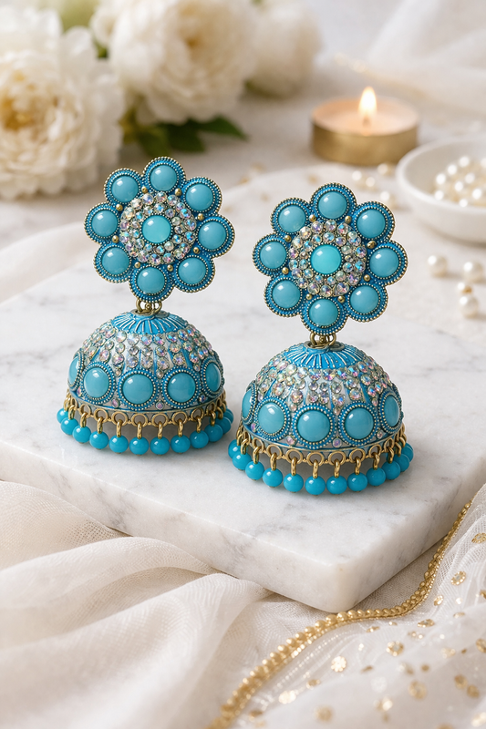 Blue Stone Heavy Jhumka Earrings for Women Party Wear Ethnic Statement