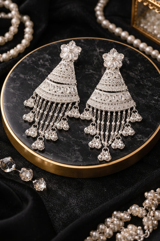 Silver Layered Chain Long Earrings for Women Party Wear Statement