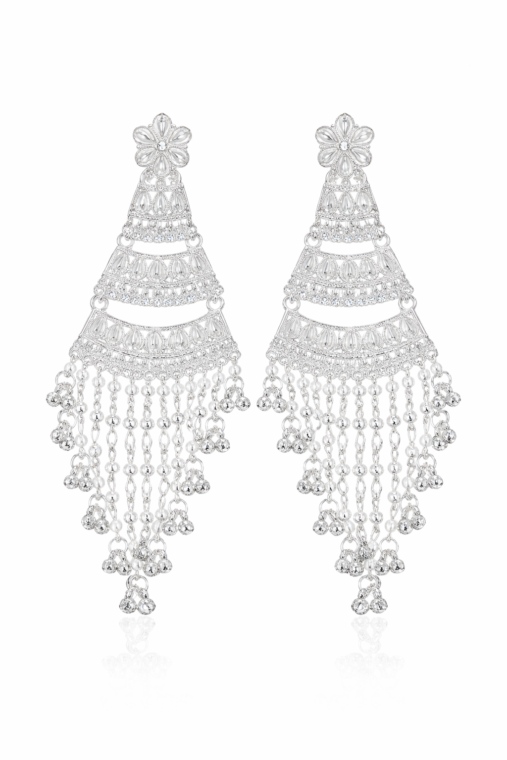 Silver Layered Chain Long Earrings for Women Party Wear Statement