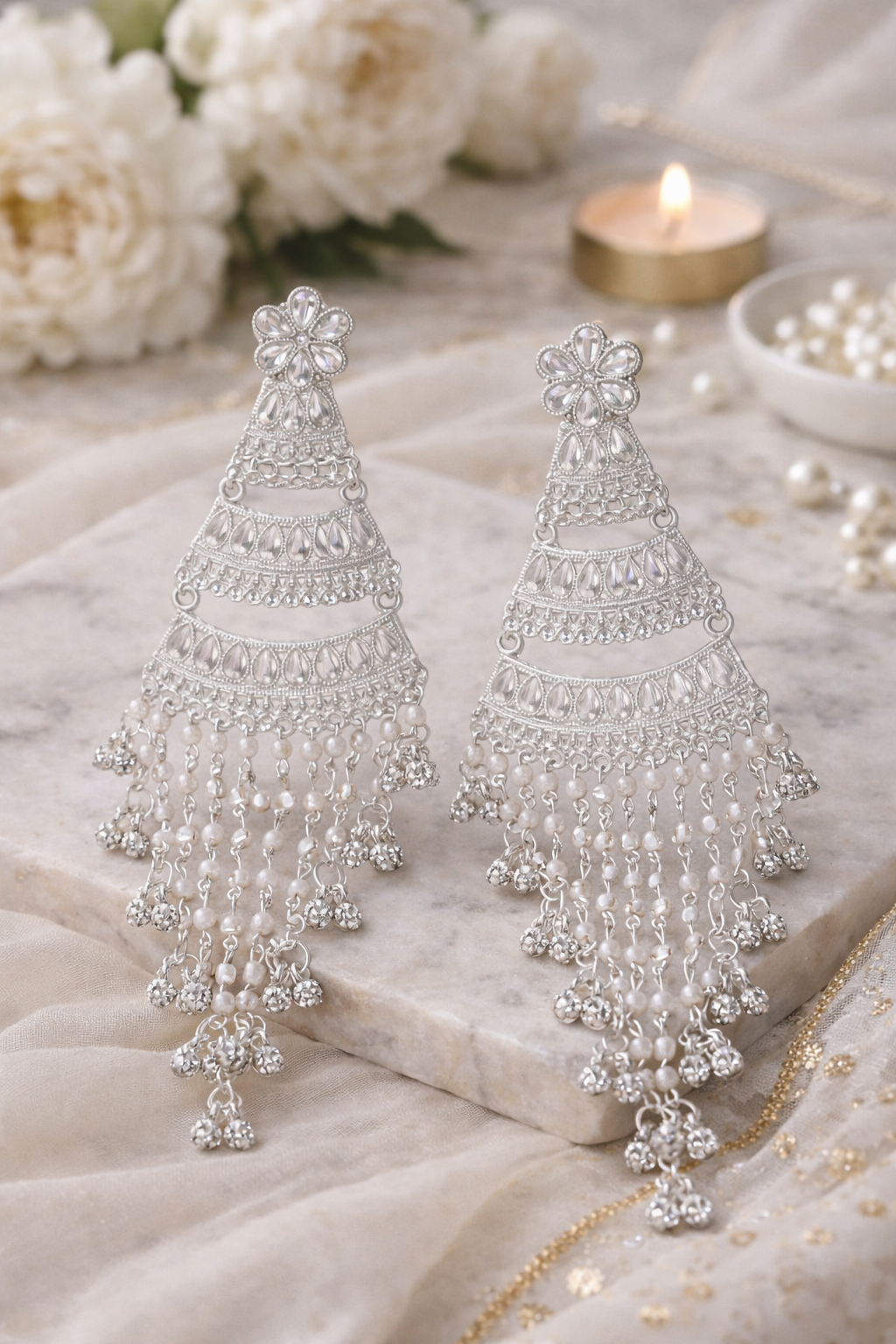 Silver Layered Chain Long Earrings for Women Party Wear Statement