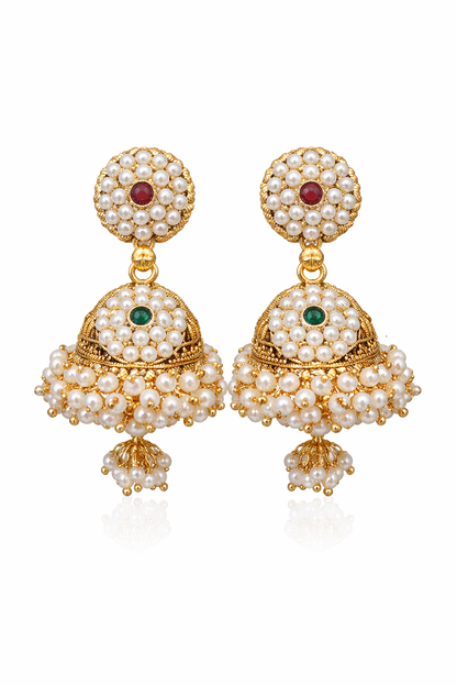 Pearl Jhumka Earrings with Kundan Stones for Women