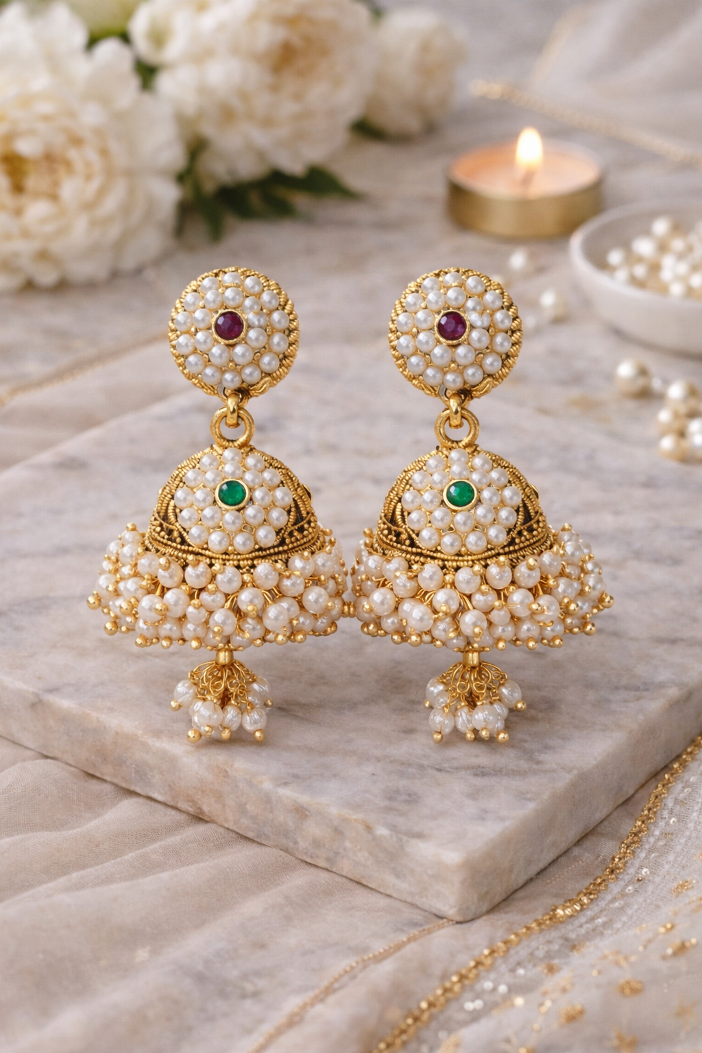Pearl Jhumka Earrings with Kundan Stones for Women