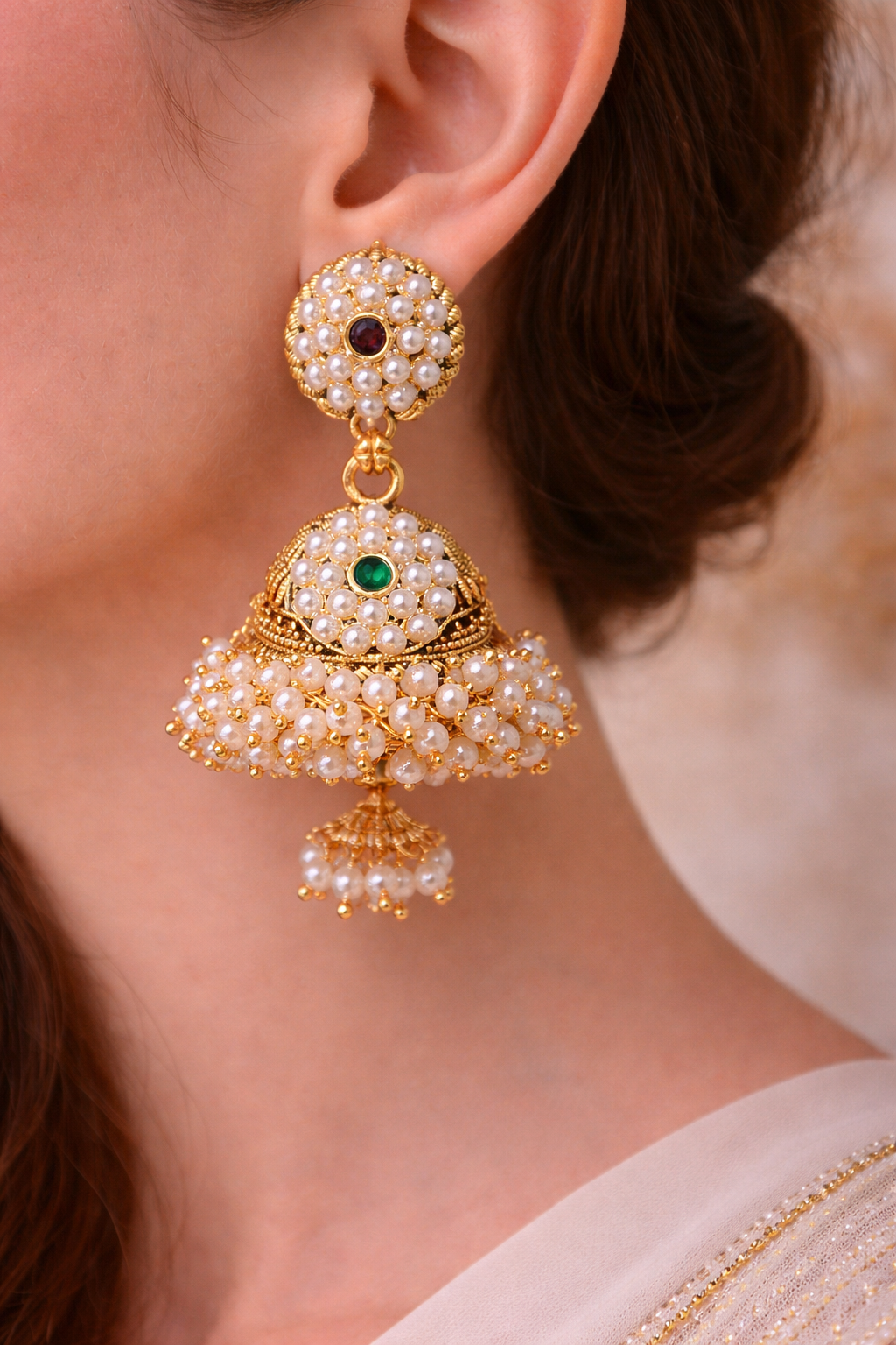 Pearl Jhumka Earrings with Kundan Stones for Women