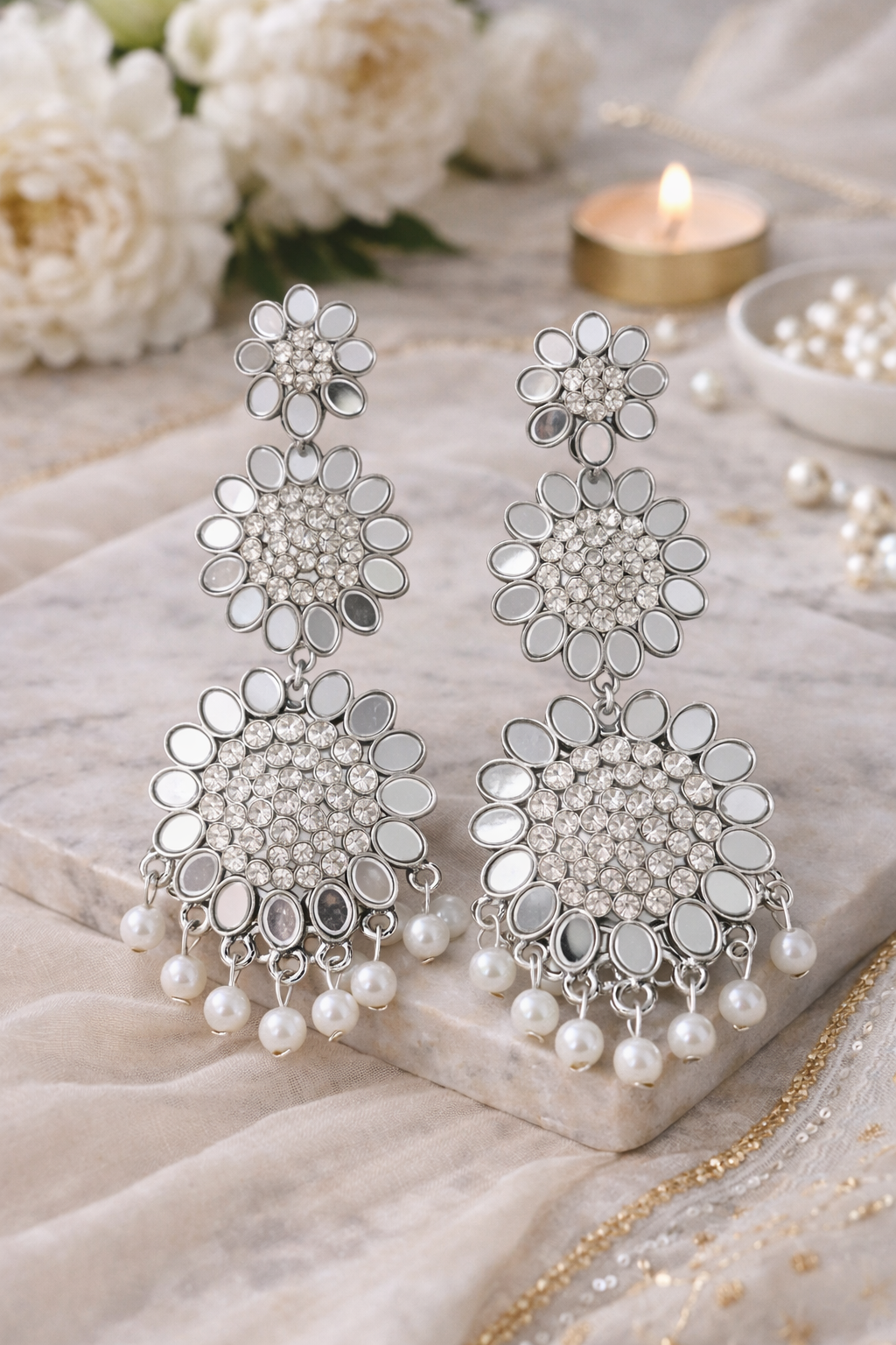 Silver Floral Pearl Earrings for Women Party Wear Statement Ethnic