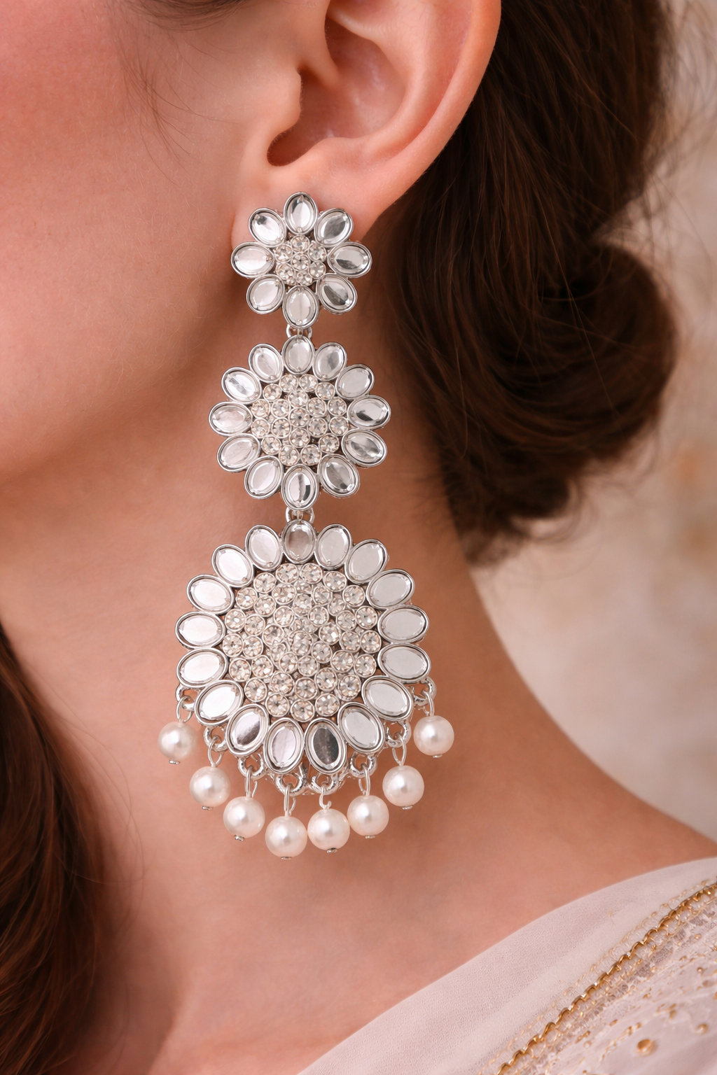Silver Floral Pearl Earrings for Women Party Wear Statement Ethnic