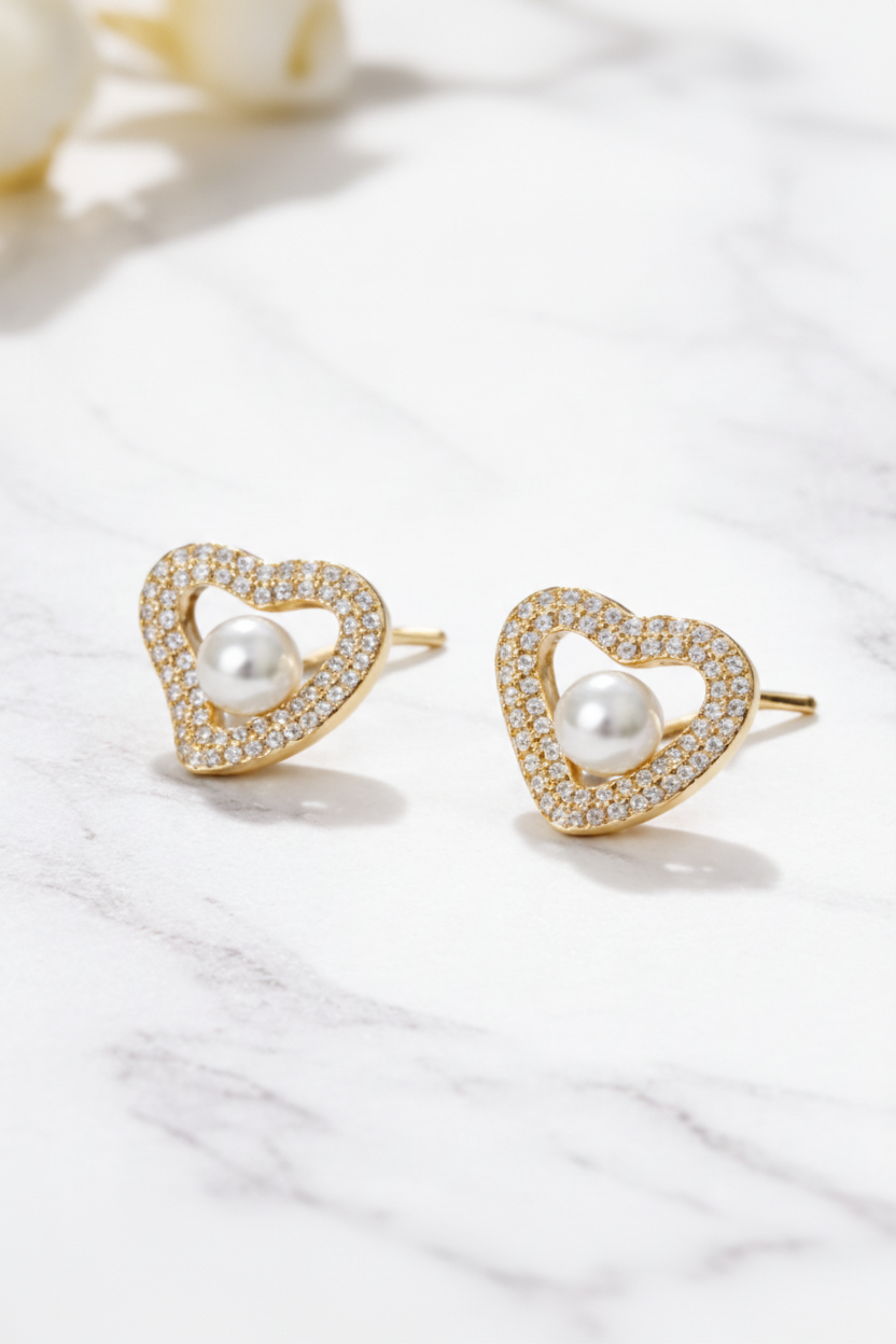 Heart Shape Pearl Stud Earrings for Women