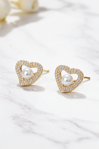 Heart Shape Pearl Stud Earrings for Women