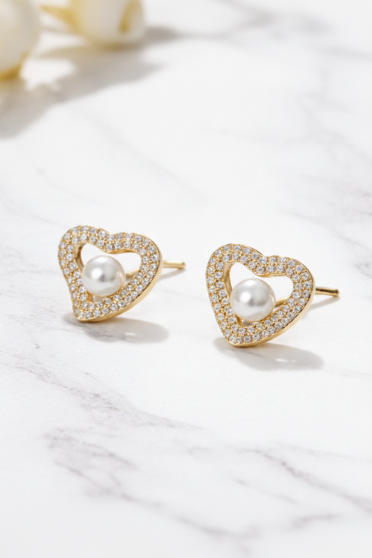 Heart Shape Pearl Stud Earrings for Women