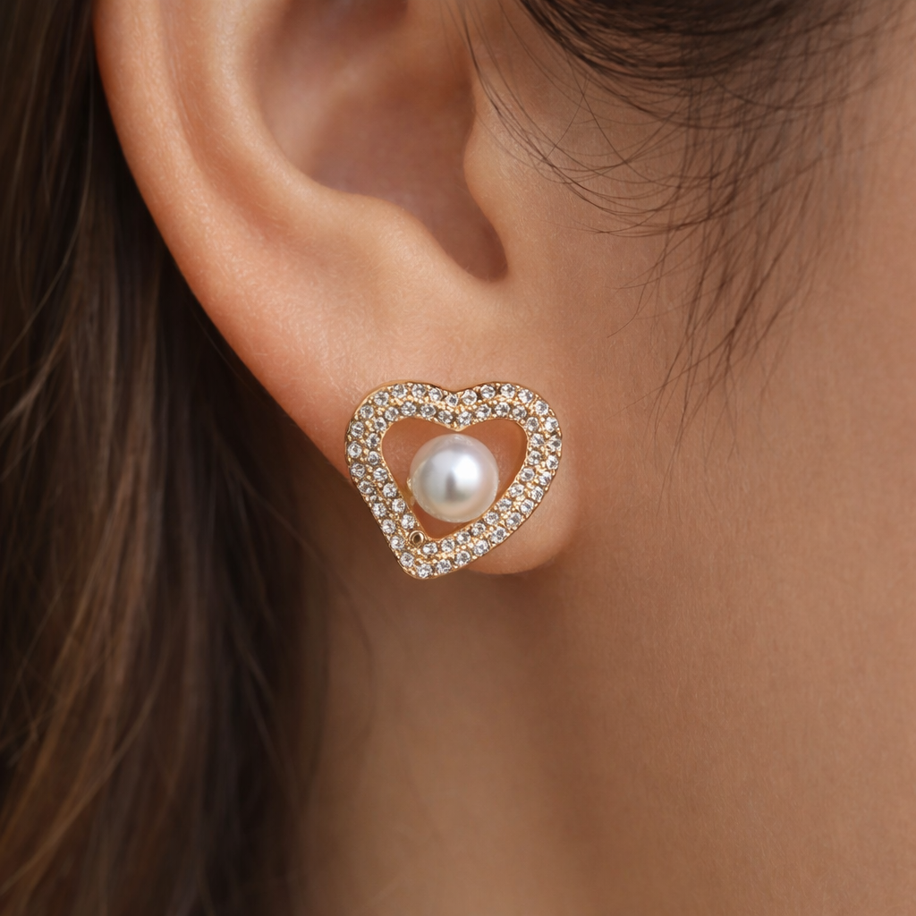 Heart Shape Pearl Stud Earrings for Women